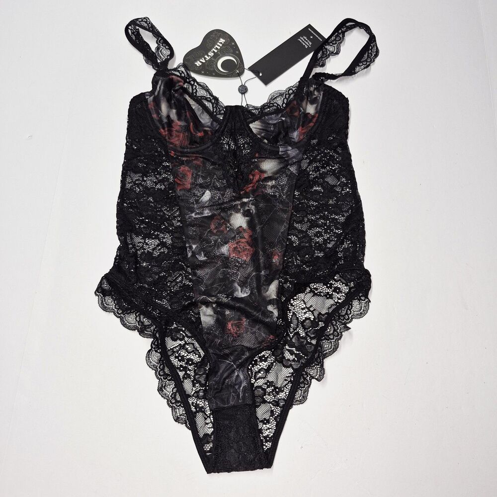 Killstar Magnolia Lace Bodysuit Small NWT Black Skull Rose Lingerie Goth Teddy